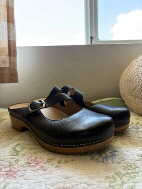 Dansko Black Leather Mary Jane Clog Mules with Buckle